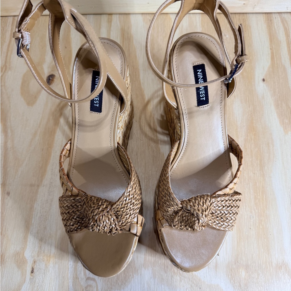Nine West Beige Braided Rope Wedge Sandals with Ankle Strap - Picture 5 of 12